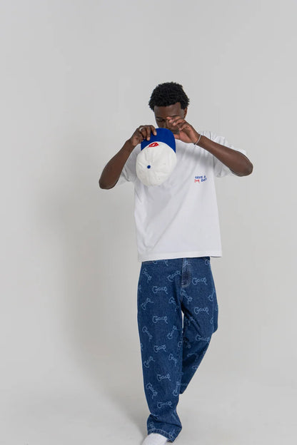 Baggy Barry Laser Script Denim Pants - Navy