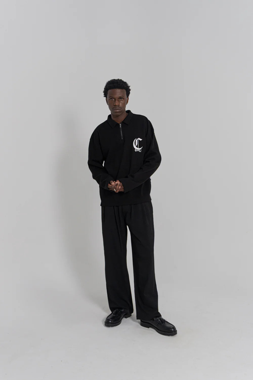 Zip Longsleeve Box Polo Shirt - Black