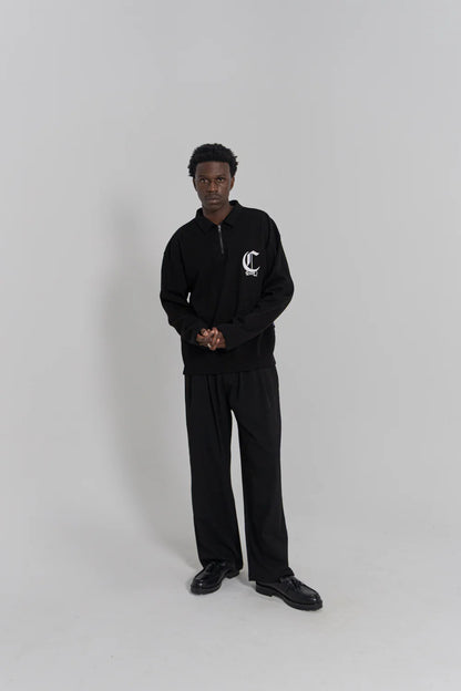 Zip Longsleeve Box Polo Shirt - Black