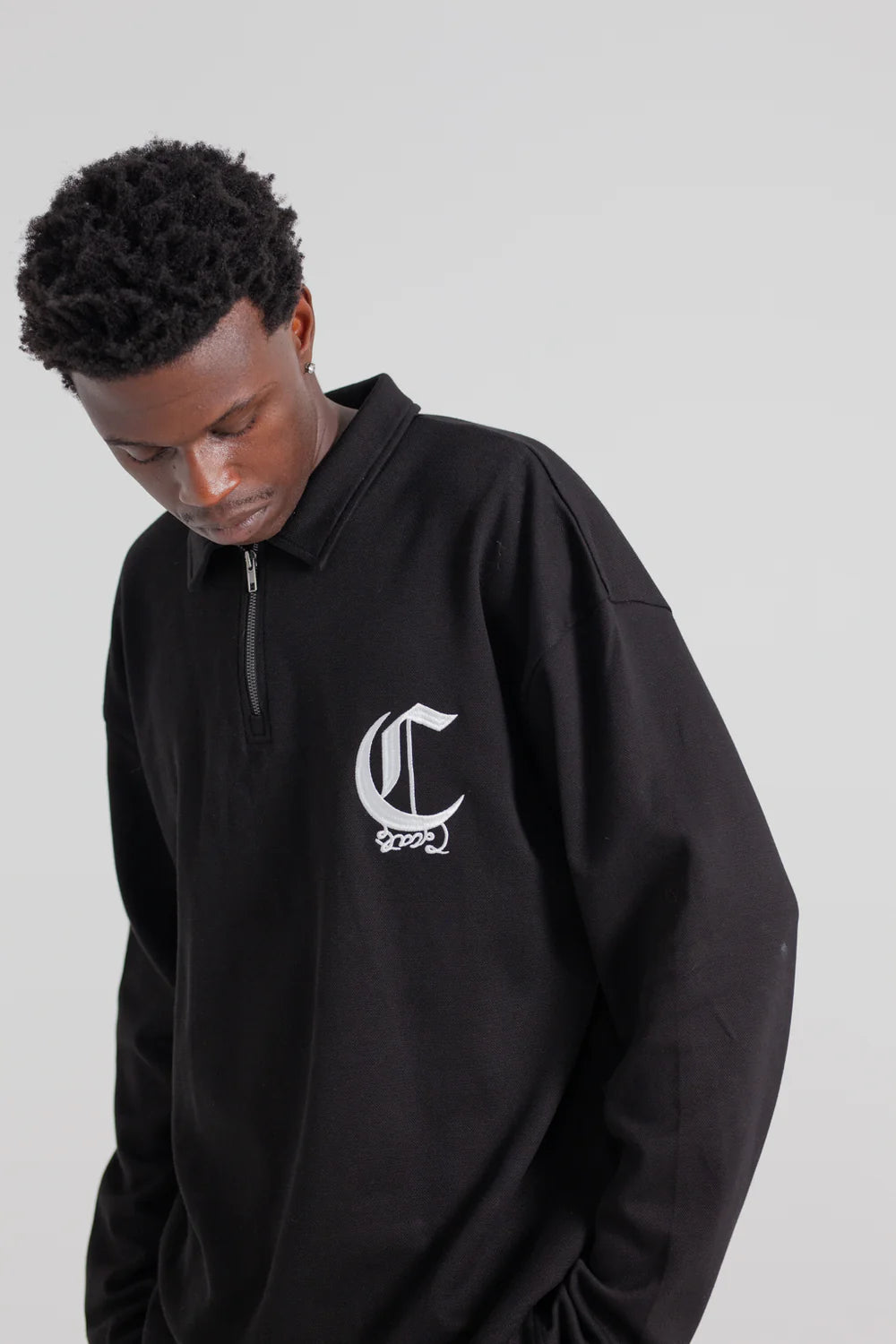 Zip Longsleeve Box Polo Shirt - Black