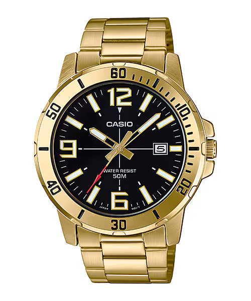 Casio MTPVD01G-1B Diver Look 50M, Date, Gold Numerical Face, Black