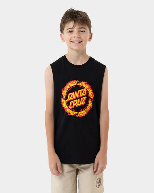 Youth Santa Flamed Ringed Dot Front Muscle Tee - Black