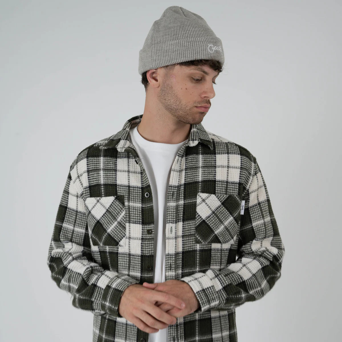 Crate Mason Flannel Waffle Plad Shirt - Olive/White