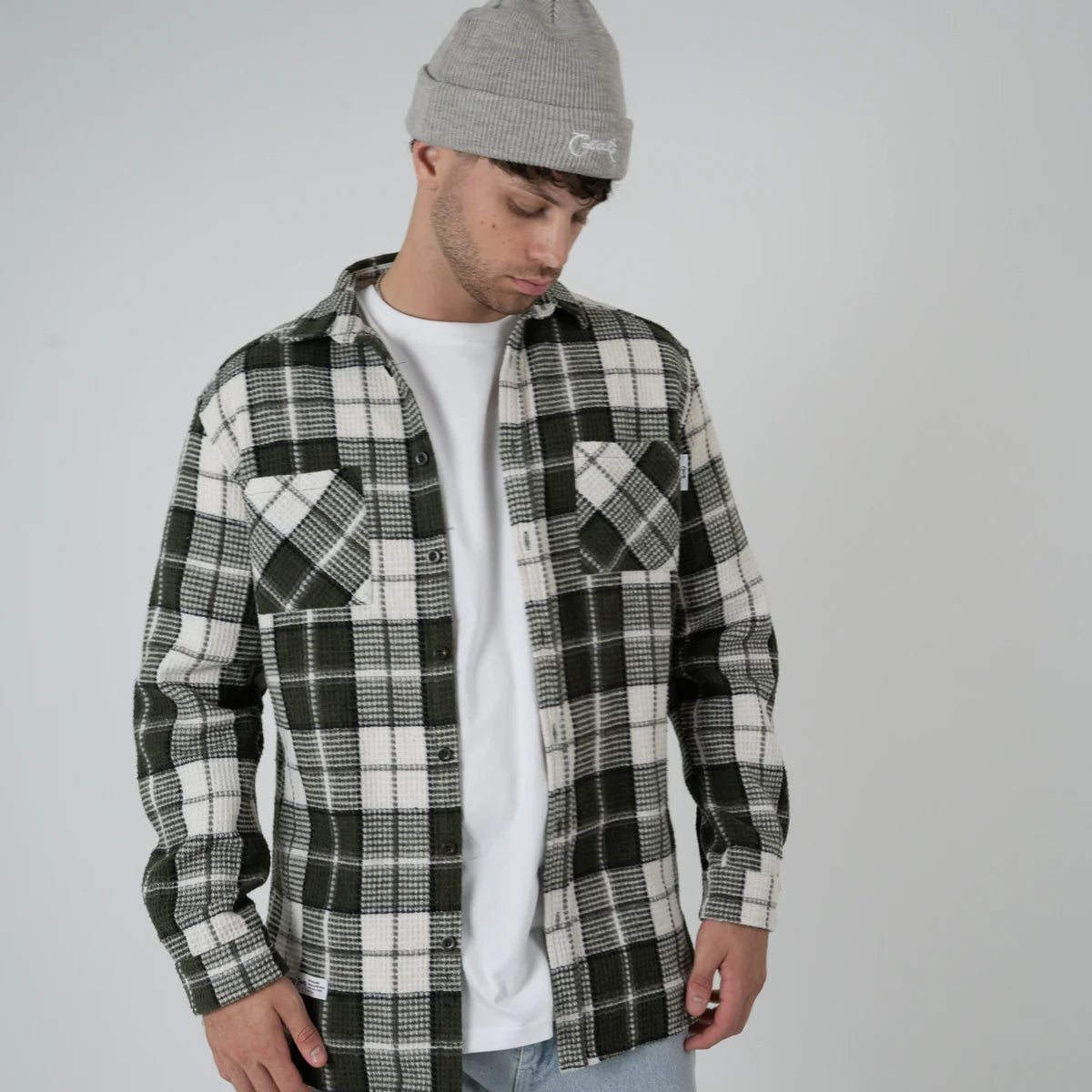 Crate Mason Flannel Waffle Plad Shirt - Olive/White