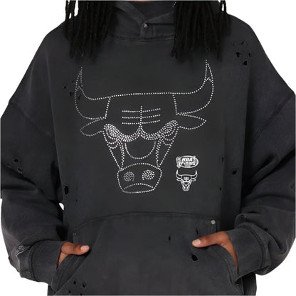 Mitchell & Ness Chicago Bulls Distressed Rhinestone Logo Hoodie - Faded Black