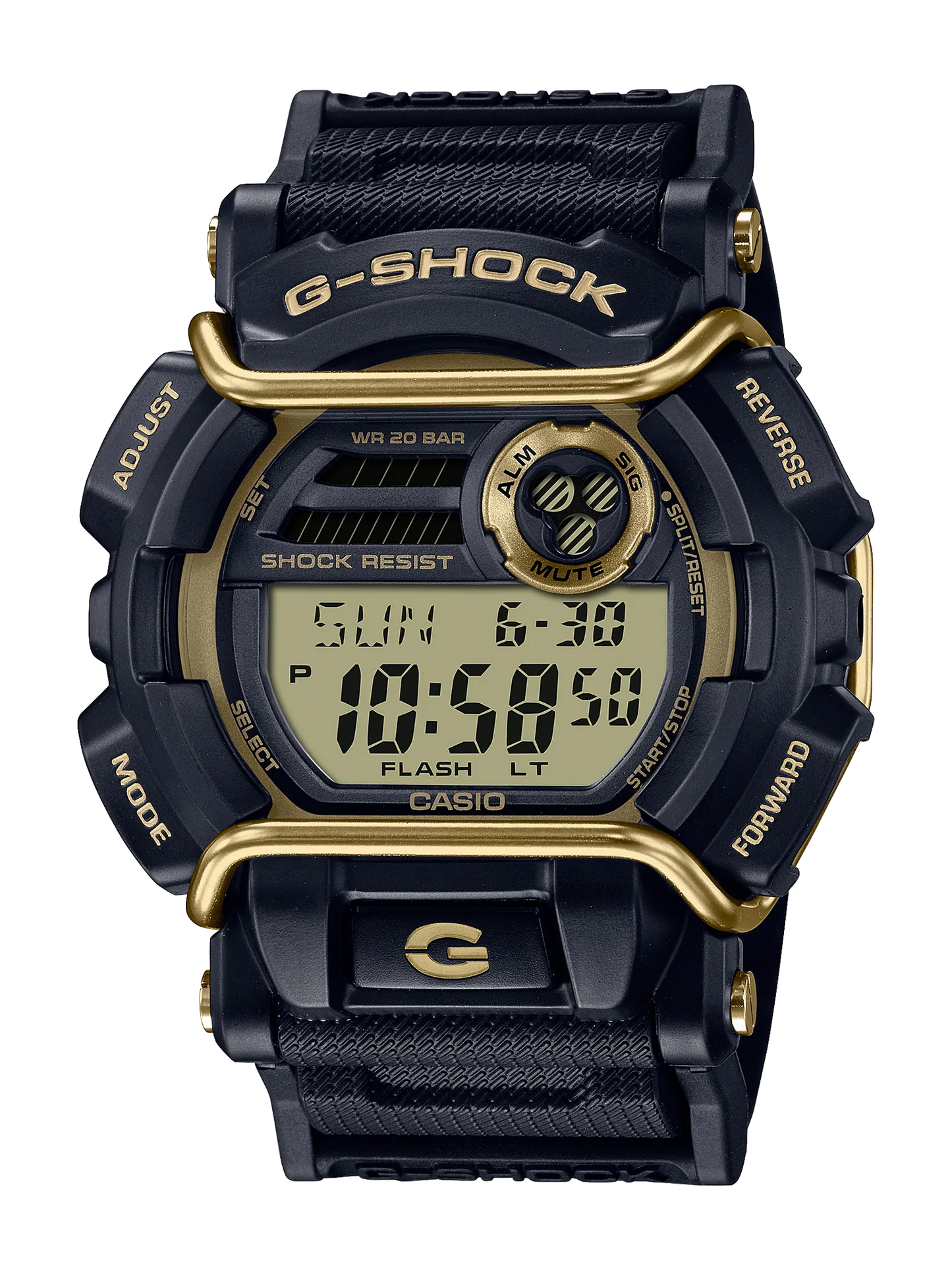 G Shock Digital 200M, W/Time, 1/100 S/Watch BLK & Gold Case & Resin Band GD400GB-1B2