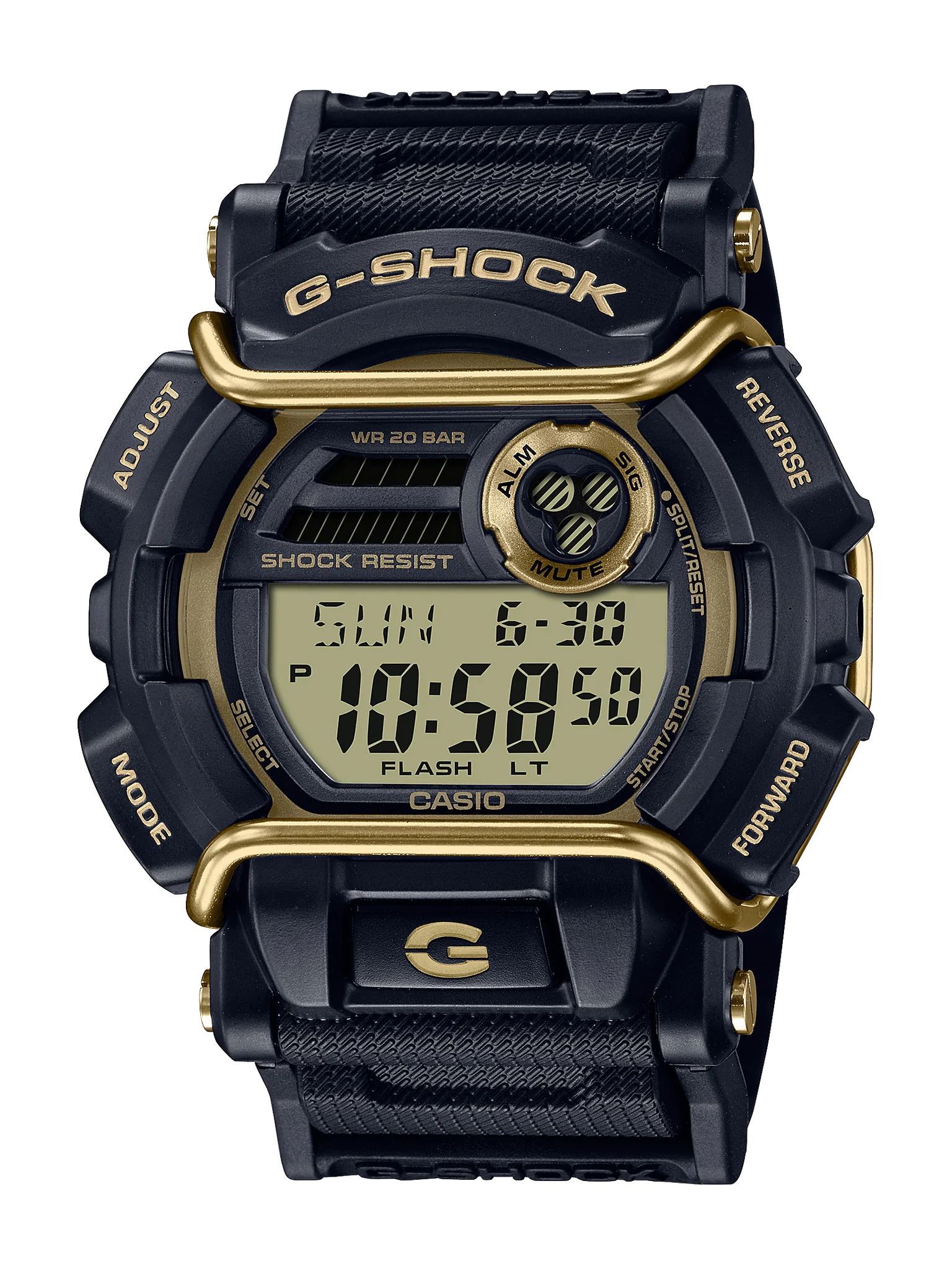 G Shock Digital 200M, W/Time, 1/100 S/Watch BLK & Gold Case & Resin Band GD400GB-1B2